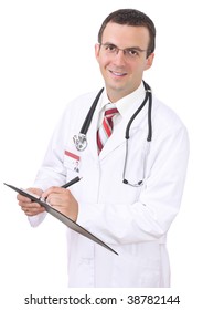 Friendly medical doctor write on paper pad. Isolated
