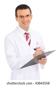  Friendly medical doctor write some  on paper pad. Isolated
