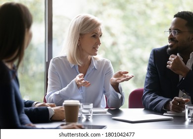 Friendly Older Woman Business Trainer Or Coach Speaking To Group Of Younger Interns, Senior Female Manager Making Proposition To Clients On Meeting, Old Lady Executive Talking On Corporate Briefing