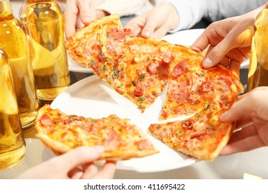 Friendly Party With Hot Pizza And Drinks, Close Up