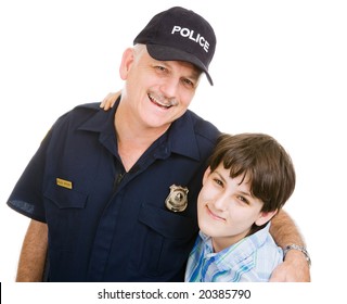 Friendly Police Officer And An Adolescent Boy.  Isolated On White.