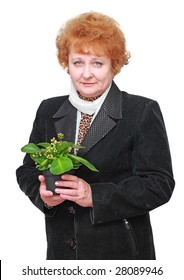 Friendly senior woman with  house plant, flowers. Isolated