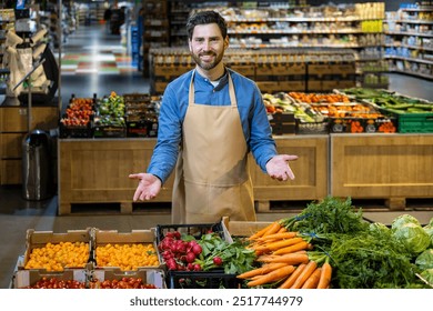 Friendly shopkeeper in grocery store stands next to table filled with fresh organic vegetables. Vibrant display includes carrots, radishes, and tomatoes. Inviting ambiance highlights freshness - Powered by Shutterstock