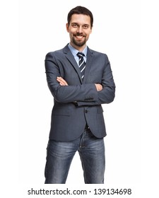 Friendly and smiling businessman with arms crossed isolated on white background  