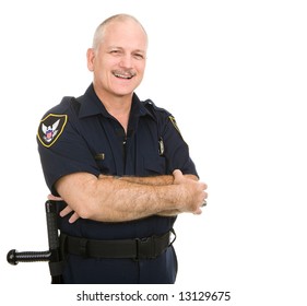 Friendly Smiling Police Officer.  Waist Up View Isolated On White.