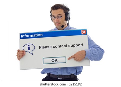 Friendly IT Support Staff Member With Computer Message Box Pointing The Customer In The Right Direction - Isolated