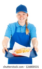 Friendly Teenage Fast Food Worker Serving A Burger And Fries Meal With A Smile.  Isolated On White.