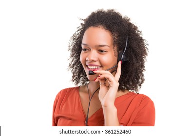 A Friendly Telephone Operator Smiling Isolated Over A White Background