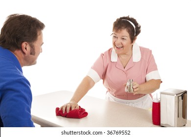 Friendly waitress cleaning the counter in a diner.  White background. - Powered by Shutterstock