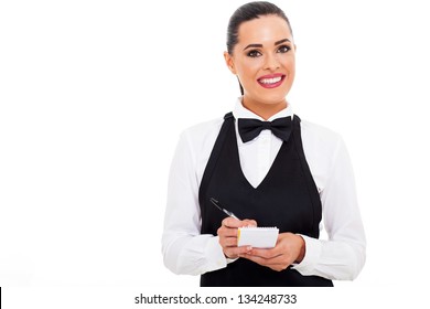 friendly waitress taking customer order with notepad