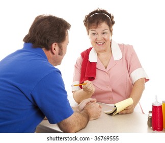 Friendly waitress taking a customer's order at a restaurant lunch counter.  Isolated on white. - Powered by Shutterstock