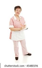 Friendly Waitress Waiting To Take Your Food Order.  Full Body Isolated On White.