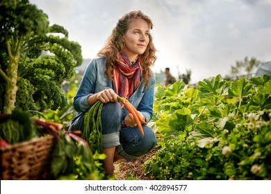 Friendly woman harvesting fresh vegetables from the rooftop greenhouse garden - Powered by Shutterstock