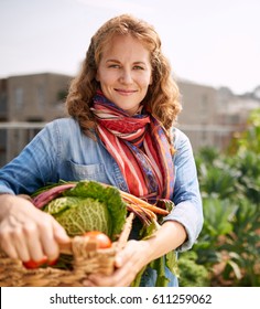 Friendly Woman Harvesting Fresh Vegetables From The Rooftop Greenhouse Garden