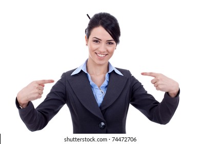 Friendly young business woman pointing at herself - the chosen one