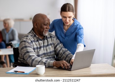 Friendly Young Woman Nurse Helping Black Senior Man In Weheelchair Using Laptop, Smiling Elderly African American Male Patient Surfing On Internet At Nursing Home, Copy Space