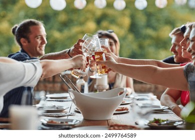 Friends, backyard and party cheers with wine, celebration and young people together with pizza. Holiday, home and outdoor gathering with alcohol, friendship and food at social event with smile - Powered by Shutterstock