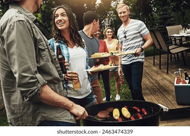 Friends, barbecue and help for serving with plate in backyard with diversity, cooking or meat on fire. People, men and women with beer, drink and relax for food by bbq grill on holiday in Australia - Powered by Shutterstock