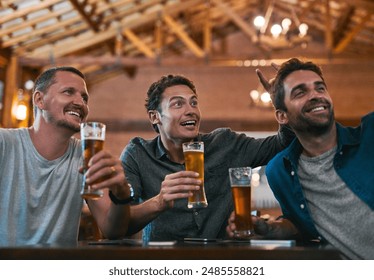 Friends, beer and watching tv in pub with drinks as celebration for sports, happiness and bonding. Alcohol, men and streaming game in restaurant for birthday party, event and reunion in Germany - Powered by Shutterstock