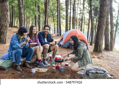 Friends Camping Eating Food Concept