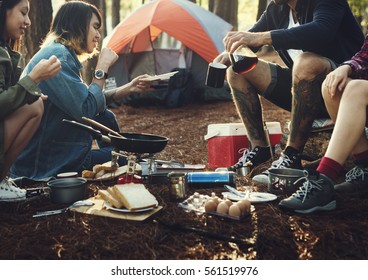 Friends Camping Eating Food Concept