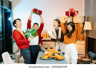 Friends celebrate Christmas with gift exchanges, festive food, and laughtera perfect scene for holiday and New Year themes filled with joy and togetherness - Powered by Shutterstock