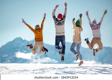 Friends Celebrates Beginning Of Winter In Mountains, Jumps And Having Fun