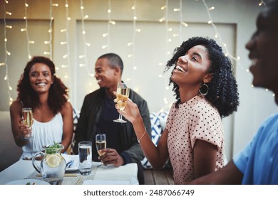 Friends, champagne and people laugh at party with celebration and event from engagement announcement. Alcohol, glasses and smile with congratulations, reunion and drinks in home with funny joke - Powered by Shutterstock