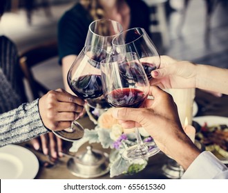 Friends Clinging Wine Glasses Together Cheers Happiness