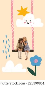 Friends. Creative collage with little girls swing on drawn swing over light background with drawings, doodles and illustration elements. Spring time, happiness, happy childhood concept