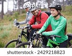 Friends, cyclist and fitness on bike with for adventure, exercise and health with bonding in Chicago. Happy, trail and mountain with hobby for mindset in nature, trip and wellness for fun.