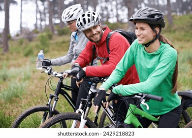 Friends, cyclist and fitness on bike with for adventure, exercise and health with bonding in Chicago. Happy, trail and mountain with hobby for mindset in nature, trip and wellness for fun. - Powered by Shutterstock