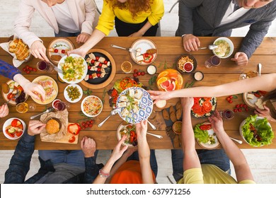 Friends Dinner Table Top View. People Eat Healthy Food Together, Home Party