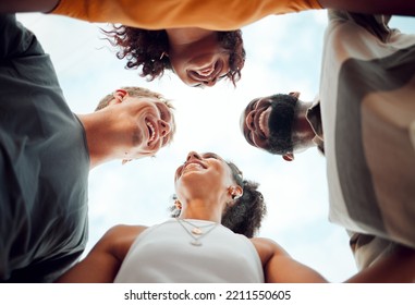 Friends, Diversity And Happy In Circle With Head For Comic, Joke Or Funny Time Together Below. Group, People And Smile With Happiness On Face On Vacation, Holiday Or Travel With Sky Outdoor In Miami