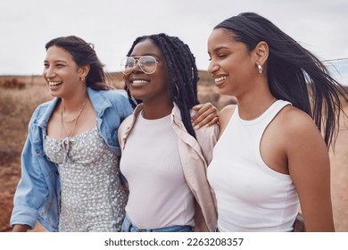 Friends, diversity and happy with women in nature for travel, vacation and support on road trip. Happy, smile and bonding with girl in countryside holiday for adventure, journey and summer break - Powered by Shutterstock