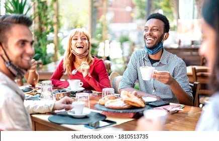 Friends Drinking Cappuccino At Coffee House - Young People Having Fun Together At Restaurant - New Normal Lifestyle Concept With Happy Guys And Girls At Cafe Bar - Bright Vivid Filter