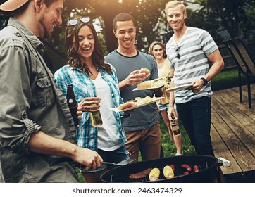 Friends, drinks and barbecue with food for dinner, party or reunion with alcohol in America. Group, people and cheerful at bbq in backyard, summer and vacation for holiday, celebration or birthday - Powered by Shutterstock