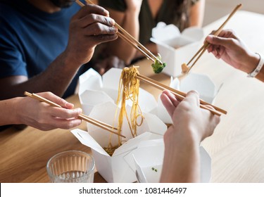 Friends Eating Chow Mein Together