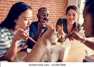 Friends Eating Chow Mein Together