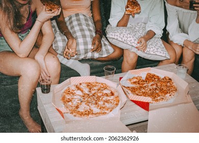 Friends Eating Pizza, Hanging Out At A Sleepover Party