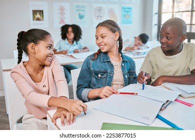 Friends, education and children talking in classroom, working together on project in Montessori school. Books, help and group of students with math test question, brainstorming and thinking at desk. - Powered by Shutterstock