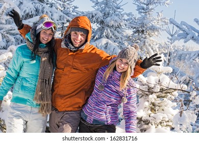 Friends Enjoy Winter Holiday Break Snow Mountains Sunny Sport