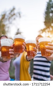 Friends Enjoying Drinking Beer In The Backyard.