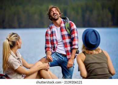 Friends Enjoying Time In Nature. Young People On Hike, Laughing And Relaxing On Break. Hiking, Lifestyle, Nature Concept