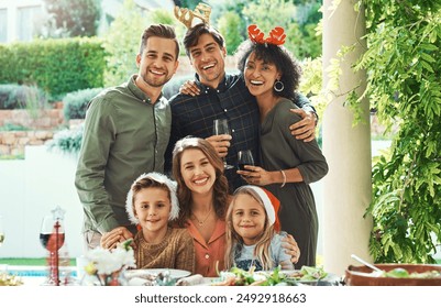 Friends, family and kids in Christmas portrait for lunch, celebration and smile in backyard at home. Men, women and children on patio together for holiday brunch with love, support or happy bonding - Powered by Shutterstock