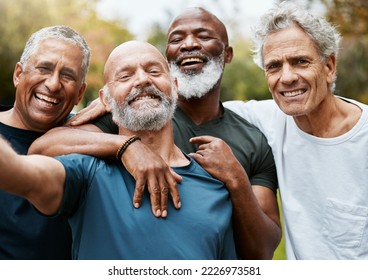 Friends, fitness and exercise with a senior man group outdoor together for a workout or training. Portrait, happy and health with a male athlete and friend exercising outside for a healthy lifestyle