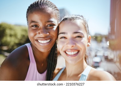 Friends, Fitness And Selfie By Social Media Influencer During Workout In A City, Happy And Relax. Wellness, Training And Portrait Of Ladies Content Creator, Sharing Online For Blog And Health Vlog