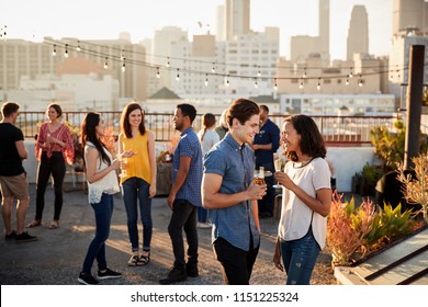 Friends Gathered On Rooftop Terrace For Party With City Skyline In Background