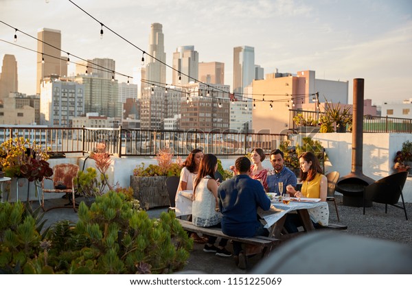 Friends Gathered On Rooftop Terrace Meal Stock Photo Edit Now