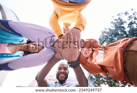 Friends, gen z and hands, stack and outdoor with support, trust and solidarity, diversity and low angle. Palm, group of people and young in city, community and friendship, team and bonding together